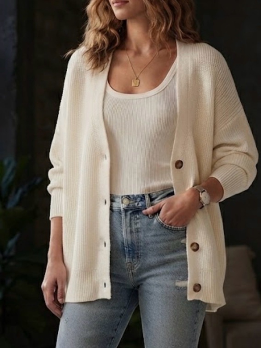 Hudson Cream Oversized Ribbed Cardigan Sweater XL V-Neck Chunky Knit NWOT